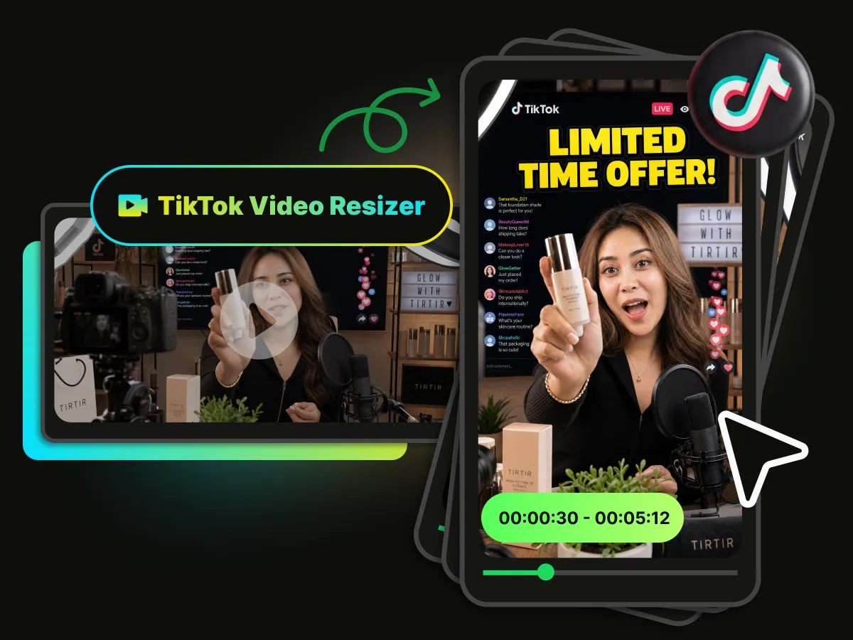 AI TikTok video resizer adjusting commercial clips to the standard 9:16 ratio.